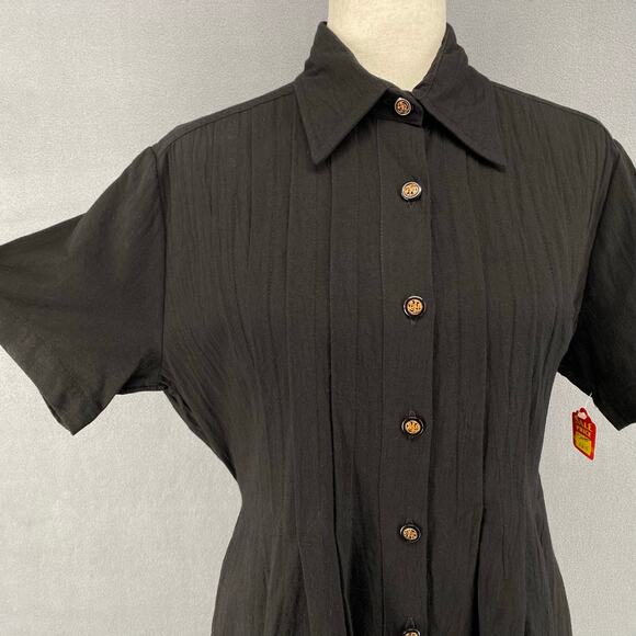 Vtg 80s 90s Two Potato Button Down Tie Back Short Sleeve Maxi Dress XS Black NOS - Picture 6 of 16